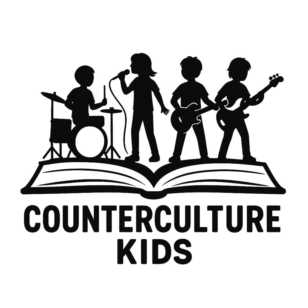 Counterculture Kids children's biographical series logo. The logo depicts the silhouette of four children performing in a band. The children are performing on top of an opened book that is the "stage." Below the image is the text that reads, "Counterculture Kids."