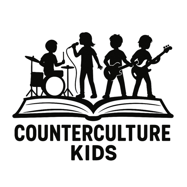 Counterculture Kids children's biographical series logo. The logo depicts the silhouette of four children performing in a band. The children are performing on top of an opened book that is the "stage." Below the image is the text that reads, "Counterculture Kids."