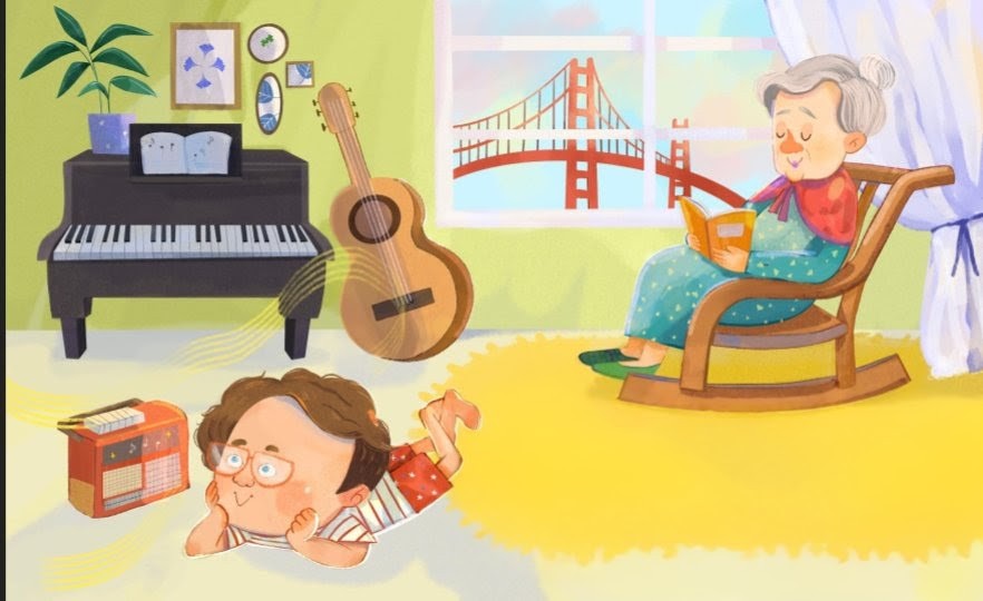 Illustration from the book titled Jerry Garcia from the children's book series Counterculture Kids. The scene depicts a young Jerry Garcia listening to bluegrass and country music on the radio with his grandmother.