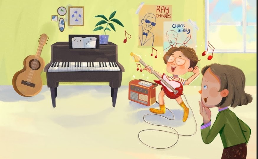 Illustration from the book titled Jerry Garcia from the children's series Counterculture Kids. The scene depicts Jerry Garcia as he receives a guitar and small amplifier for his 15th birthday.