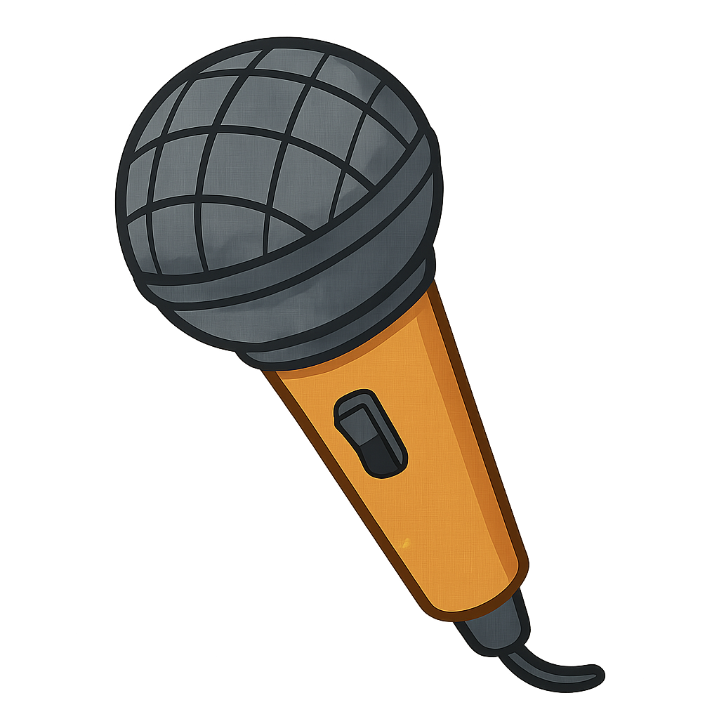 illustrated graphic depicting a microphone with a brown handle and black on/off switch.