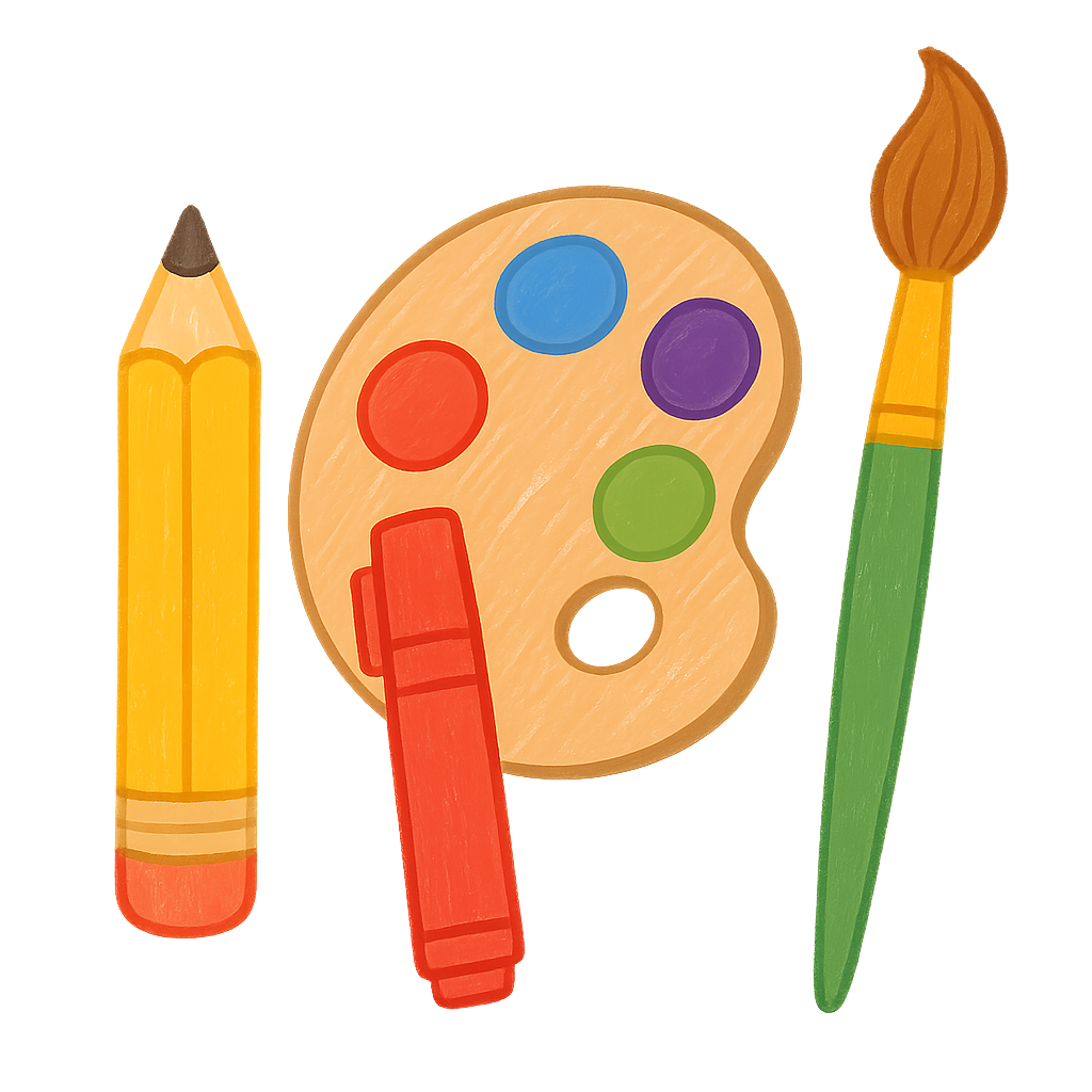 Illustrated graphic depicting a pencil, marker, painting palette, and paintbrush.