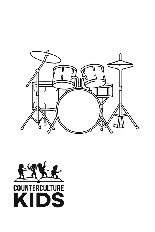 Black illustrated outline of a drum set to be printed for use as a coloring page or child's activity.