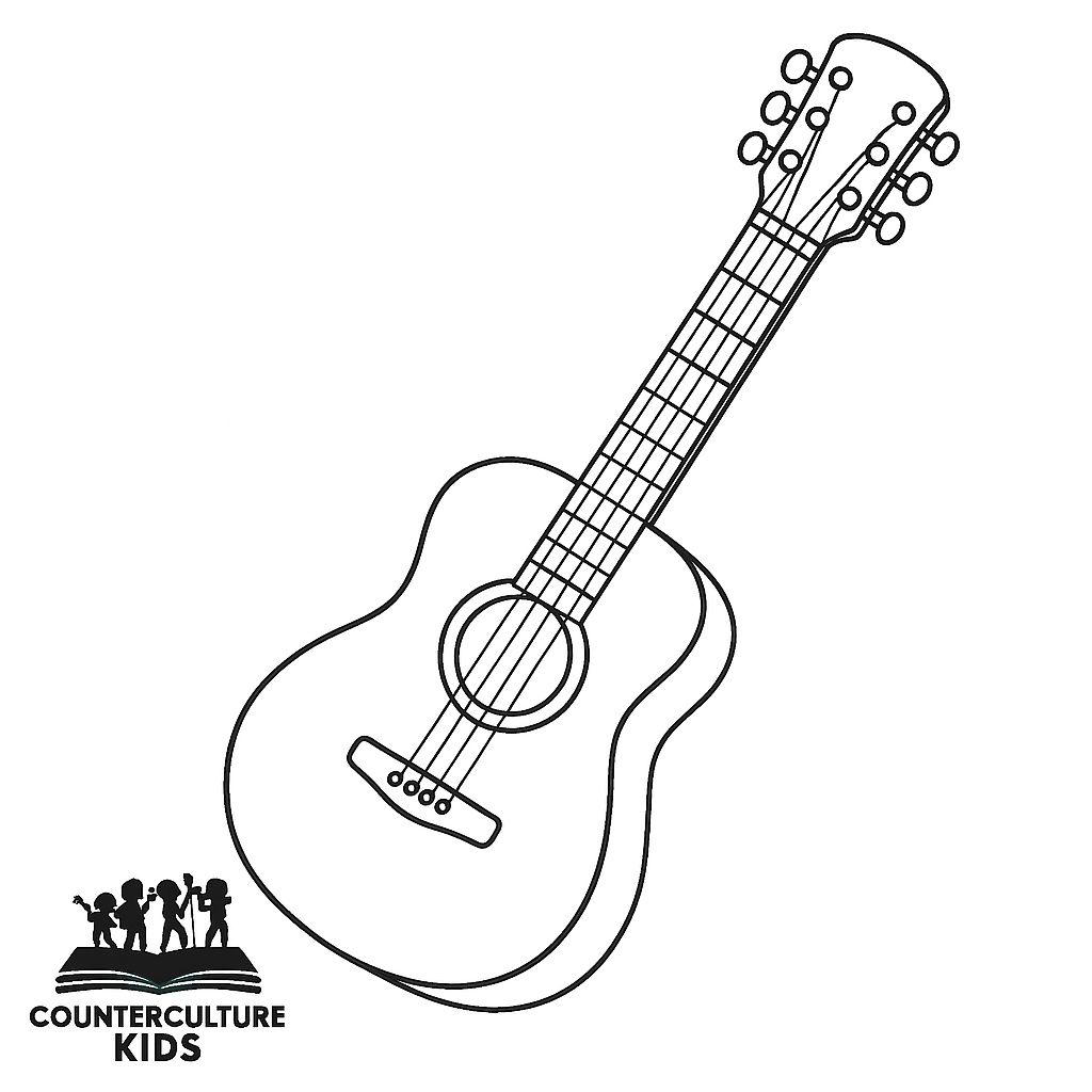 Black illustrated outline of a guitar to be printed for use as a coloring page or child's activity.