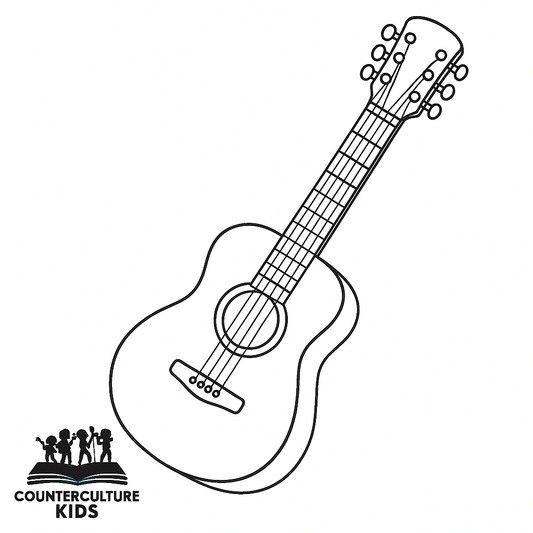 Black illustrated outline of a guitar to be printed for use as a coloring page or child's activity.